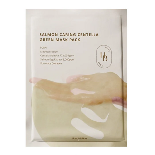 A single packet of PORN Skin 'Salmon Caring Centella Green Mask Pack' on a plain white background. The packaging is off-white with brown text and features a graphic of a pale green mask on a hand.