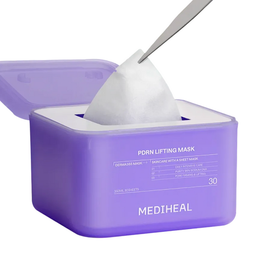 A purple Mediheal PDRN lifting mask container with a white sheet mask being pulled out by tweezers, shown on a clean light blue background with a blue 'NEW' badge in the top right.