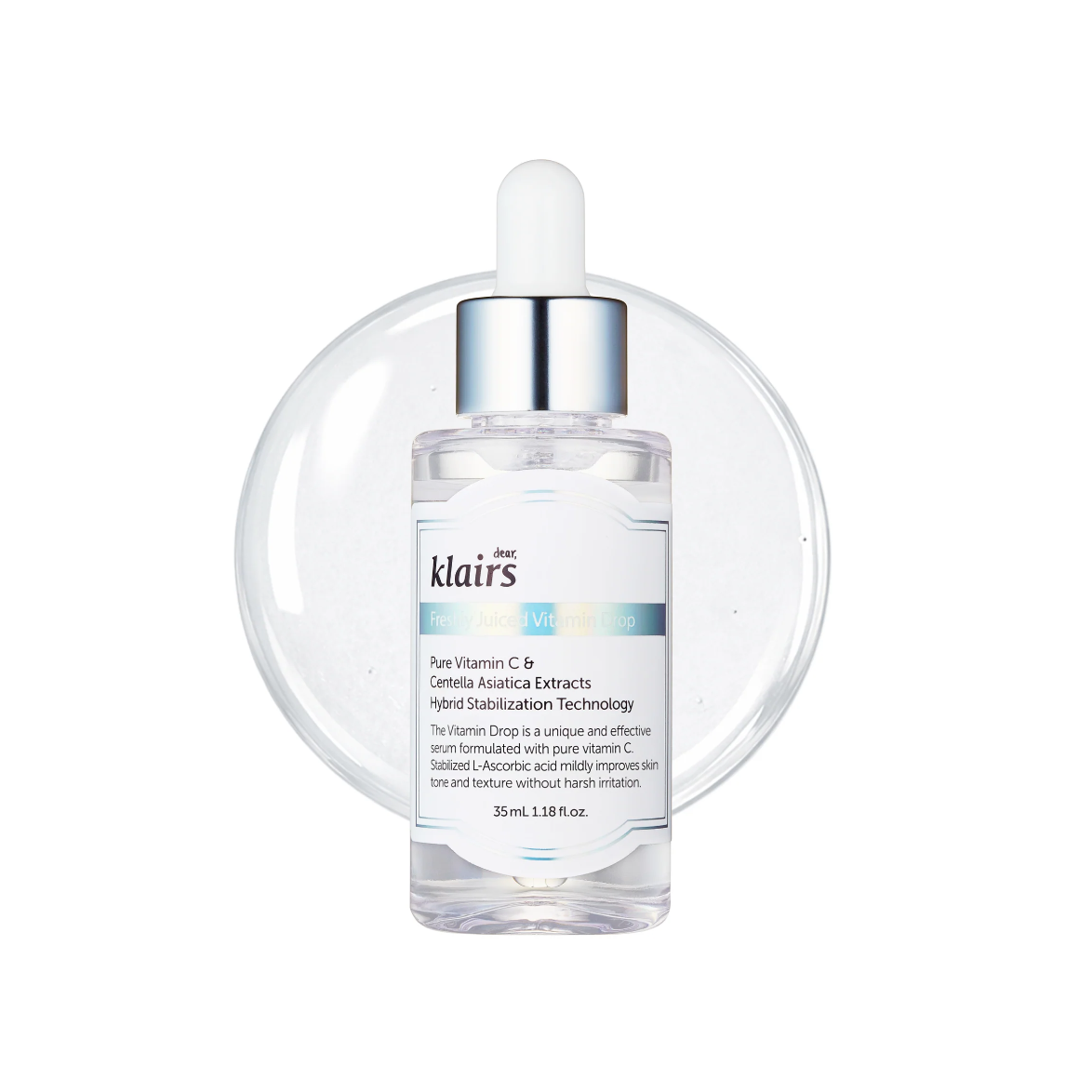 A clear glass dropper bottle of klairs Vitamin C + B5 Cellulose Enrichment Serum with a silver cap and white dropper, set against a white background with a subtle circular reflection.