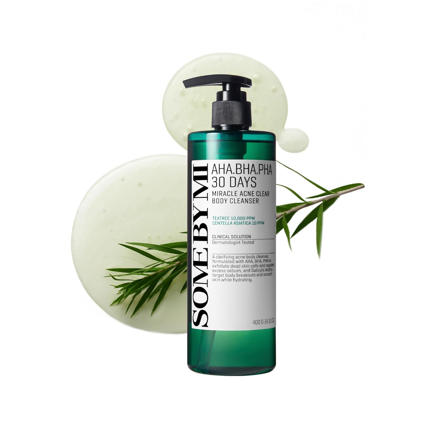 A bottle of Some Exyi AHA BHA PHA 30 Days Miracle Acne Clear Body Cleanser, featuring a dark green translucent bottle with a black pump and white label, styled with soap lather and green leaves on a white background.