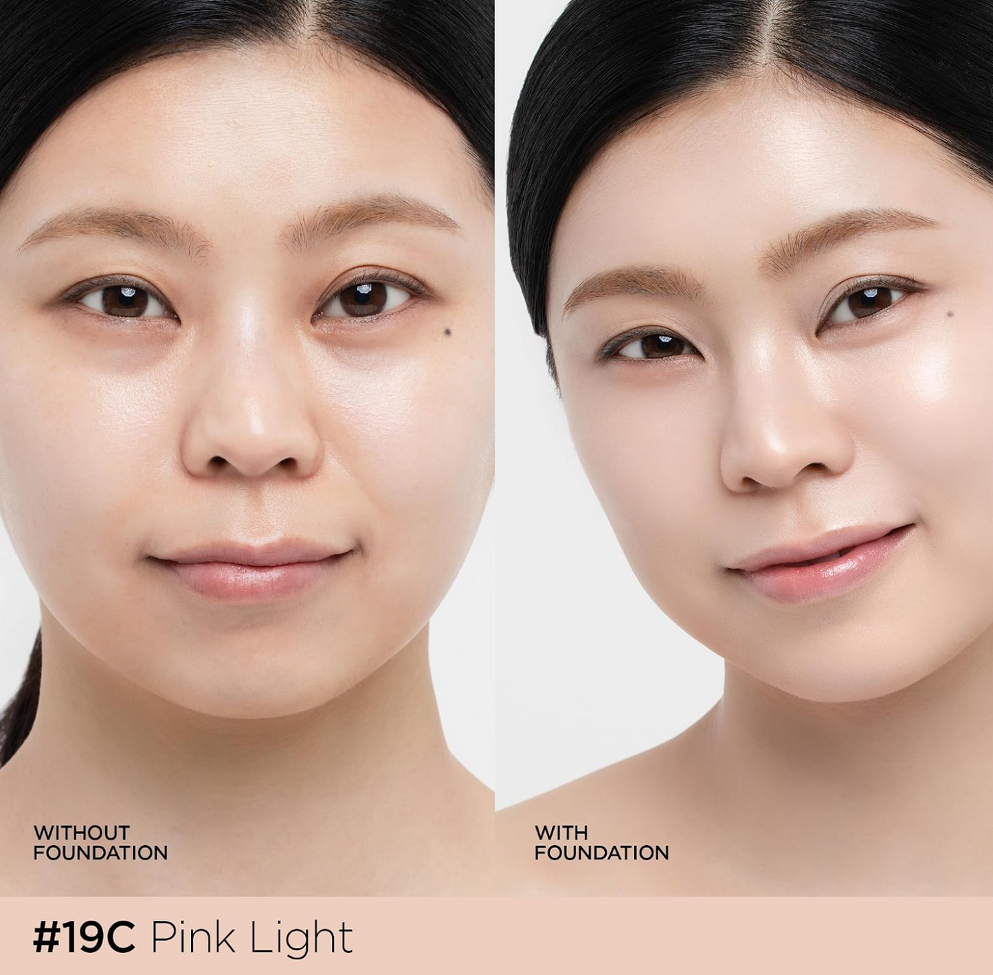 Before-and-after comparison of a JUNGSAEMMOOL Essential Skin Nuder Cushion 14g + Refill - Pink Light woman's face showing the effect of foundation. The left side is labeled 'WITHOUT FOUNDATION' and shows natural skin tone, while the right side is labeled 'WITH FOUNDATION' and shows a smoother, more even complexion.