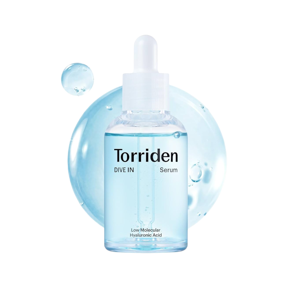 A clear glass dropper bottle of Torriden Dive-in Low Molecular Hyaluronic Acid Serum 50ml with light blue liquid, set against a white background with a large translucent blue bubble graphic.