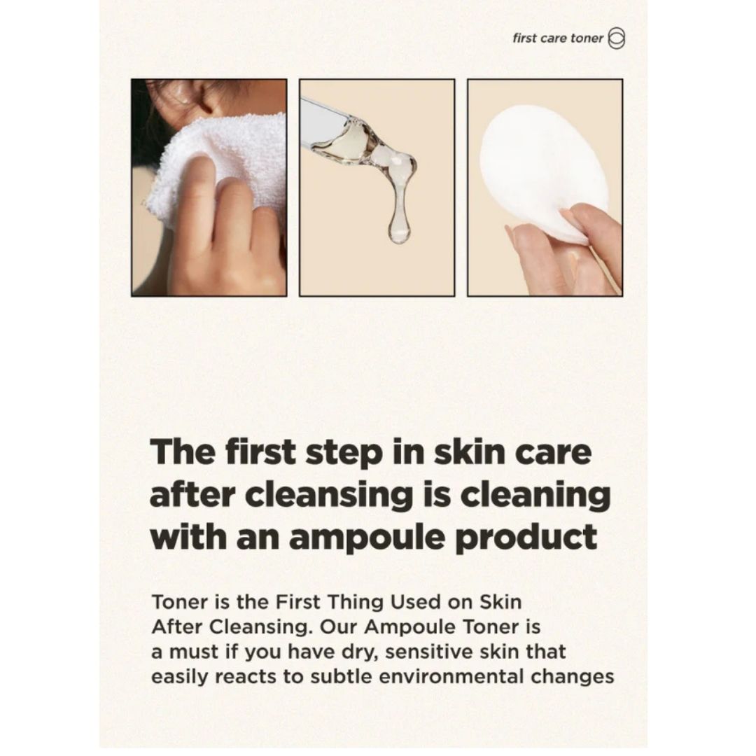 ma:nyo Bifida Biome Ampoule Toner 400ml instructions on applying toner with ampoule for effective skin care.