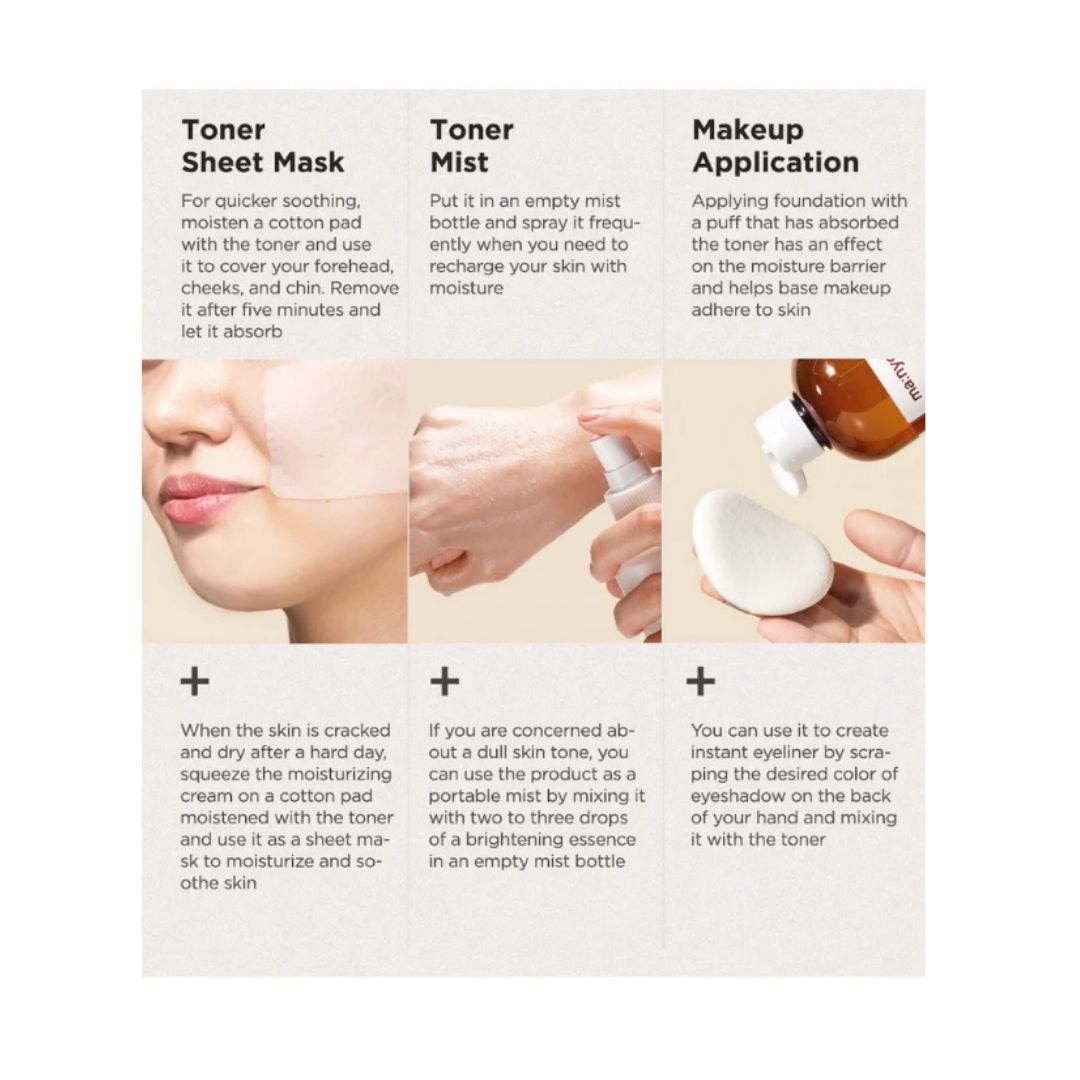 ma:nyo Bifida Biome Ampoule Toner 400ml application instructions for toner sheet mask, mist, and makeup.