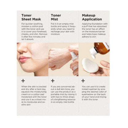 ma:nyo Bifida Biome Ampoule Toner 400ml application instructions for toner sheet mask, mist, and makeup.