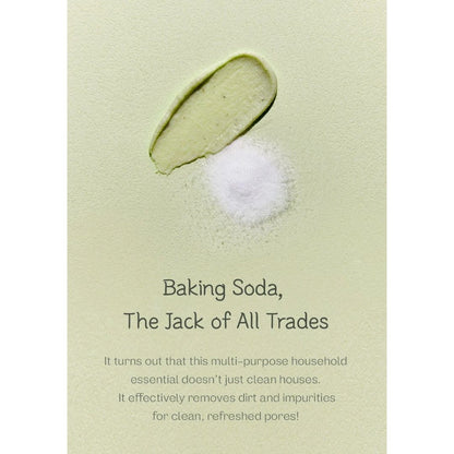 Baking soda illustration with text highlighting its versatile cleaning properties for refreshed skin and pores.