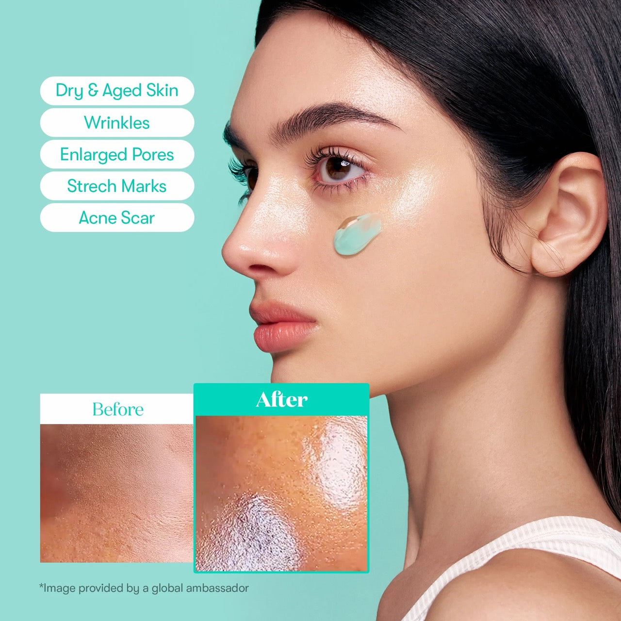 Woman applying skincare product with 'Before' and 'After' effects on skin shown.