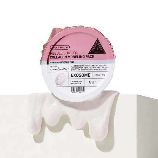 Collagen modeling pack with pink and white packaging on a white background