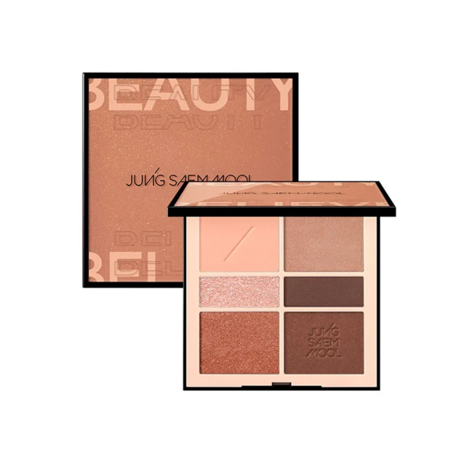 A Juñs Saeem Fool Beauty face palette shown open, featuring six warm-toned makeup pans including shimmers and mattes in peach, beige, brown, and rose gold shades, with the brand name visible on the compact.