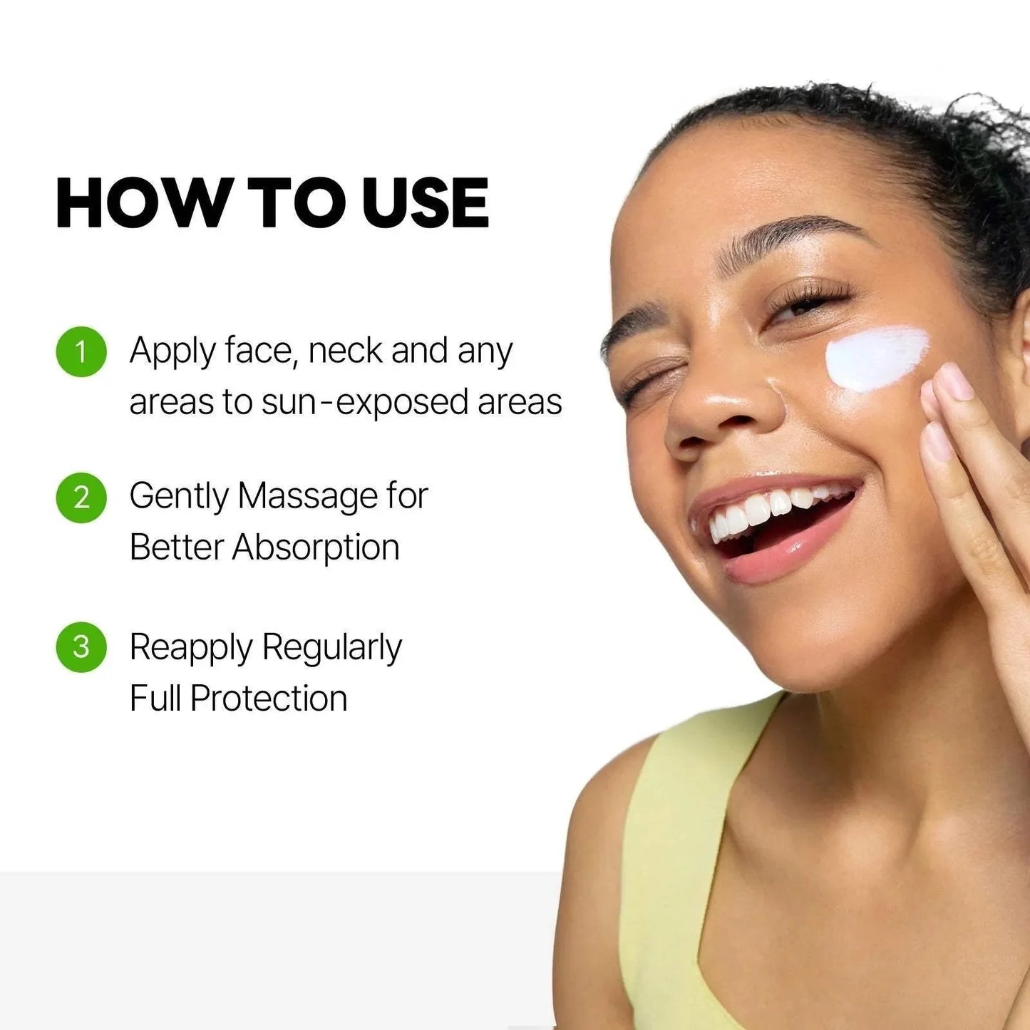 Woman applying sunscreen with text on how to use it