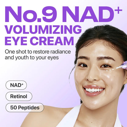 Advertisement for No. 9 NAD+ volumizing eye cream with a woman applying the cream.