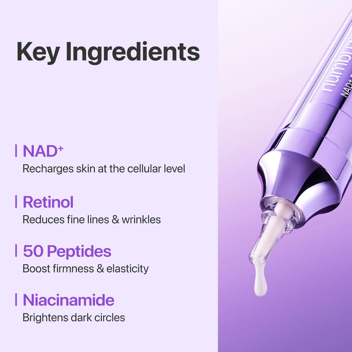 Cosmetic serum with key ingredients listed on a purple background
