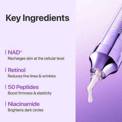 Cosmetic serum with key ingredients listed on a purple background