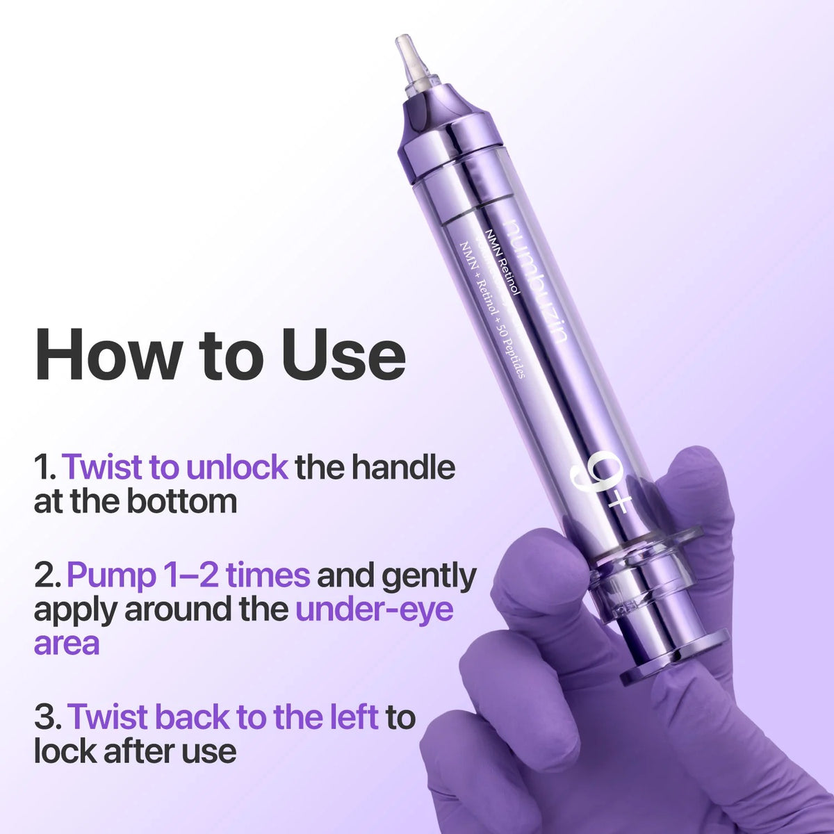 Cosmetic tool with instructions on how to use it against a purple background