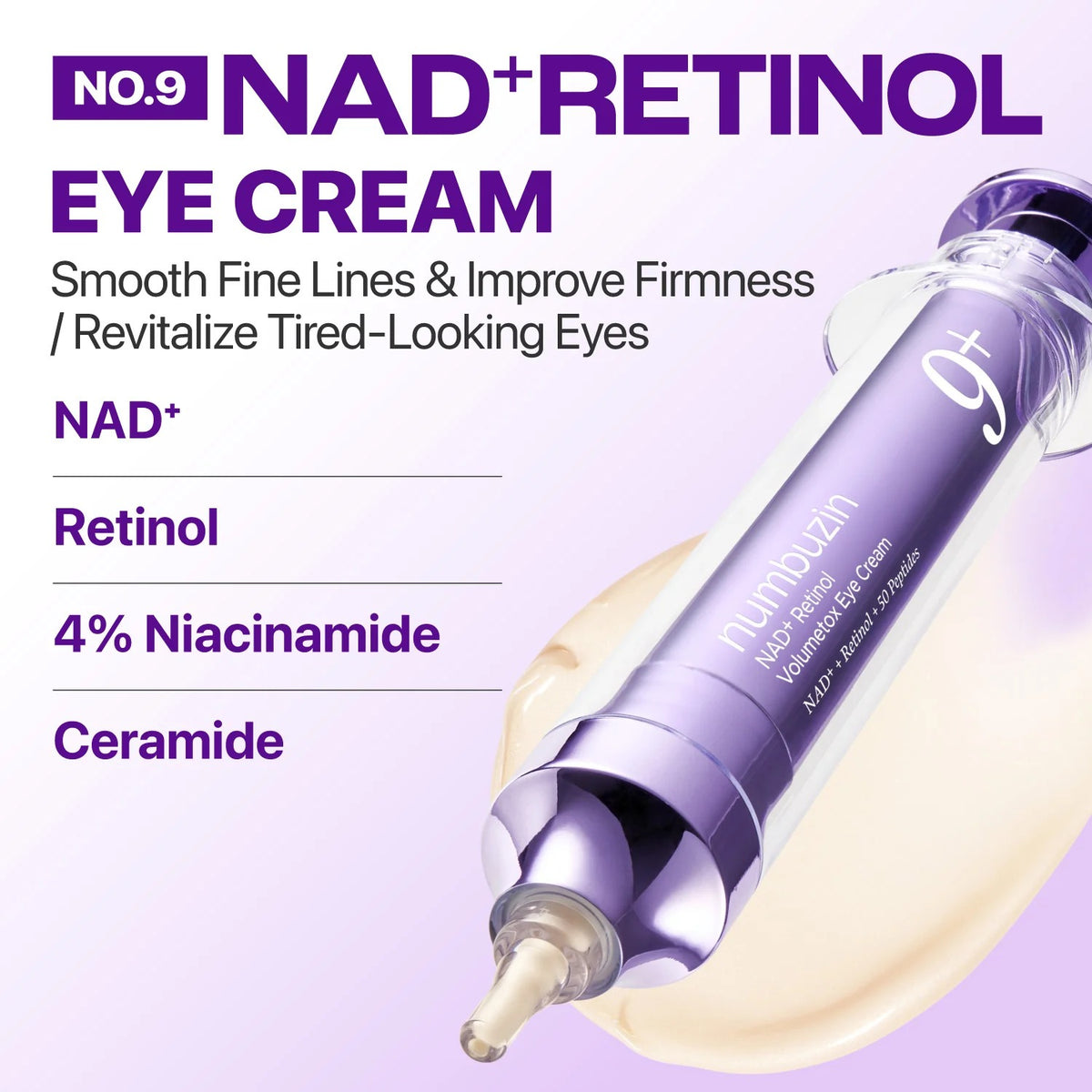 Numpuzhin NAD+ Retinol Eye Cream in a clear glass dropper bottle with a purple cap, shown over a beige cream smear on a light purple background with product text.