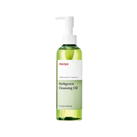ma:nyo Herb Green Cleansing Oil 200ml bottle with pump, calming and refreshing cleansing oil for makeup removal.