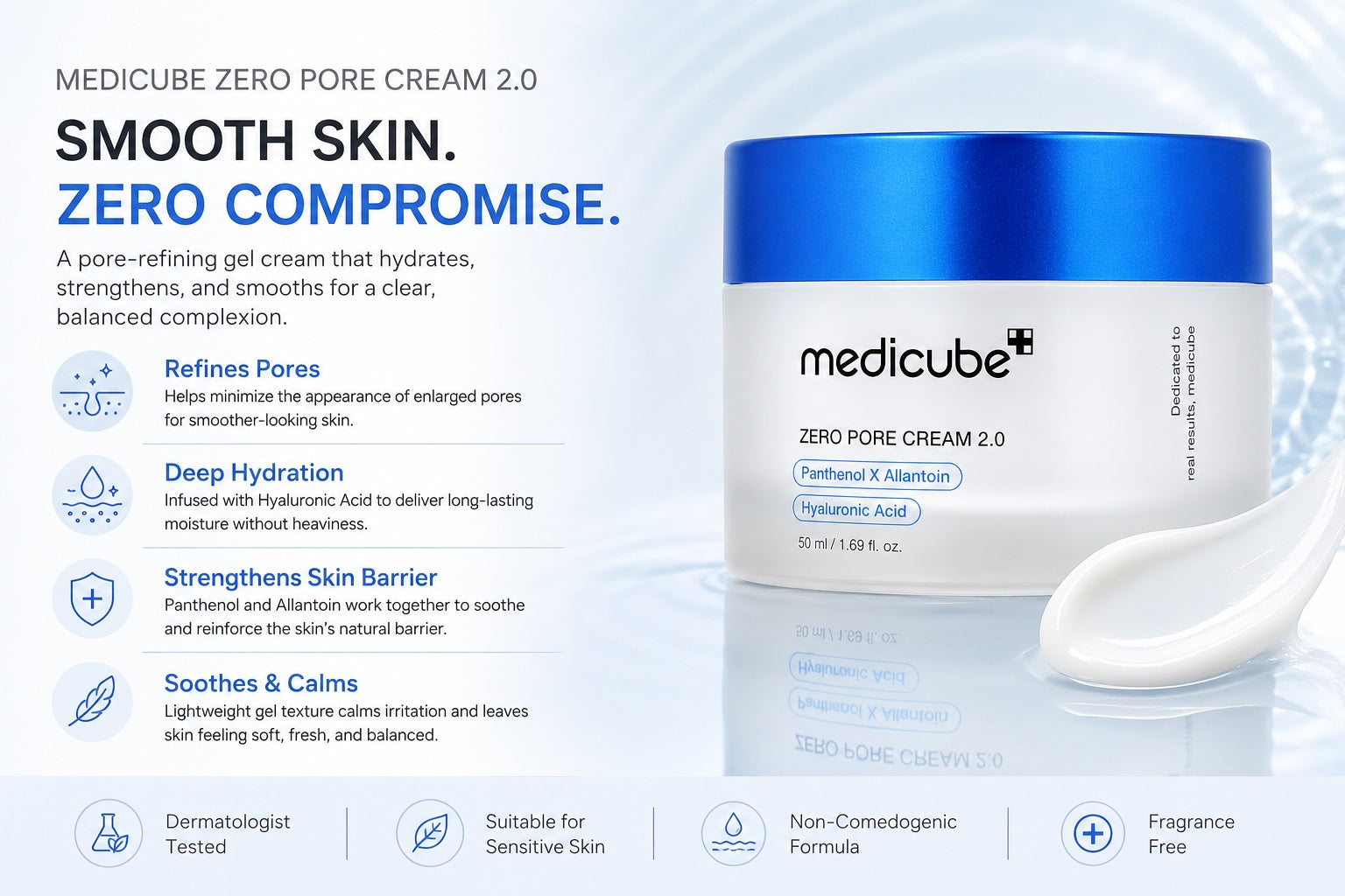 Medicube Zero Pore Cream 2.0 in a white jar with a blue lid, shown alongside a white spatula on a light blue background with product benefits and icons.