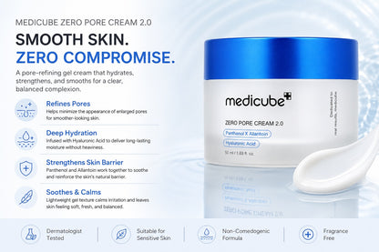 Medicube Zero Pore Cream 2.0 in a white jar with a blue lid, shown alongside a white spatula on a light blue background with product benefits and icons.