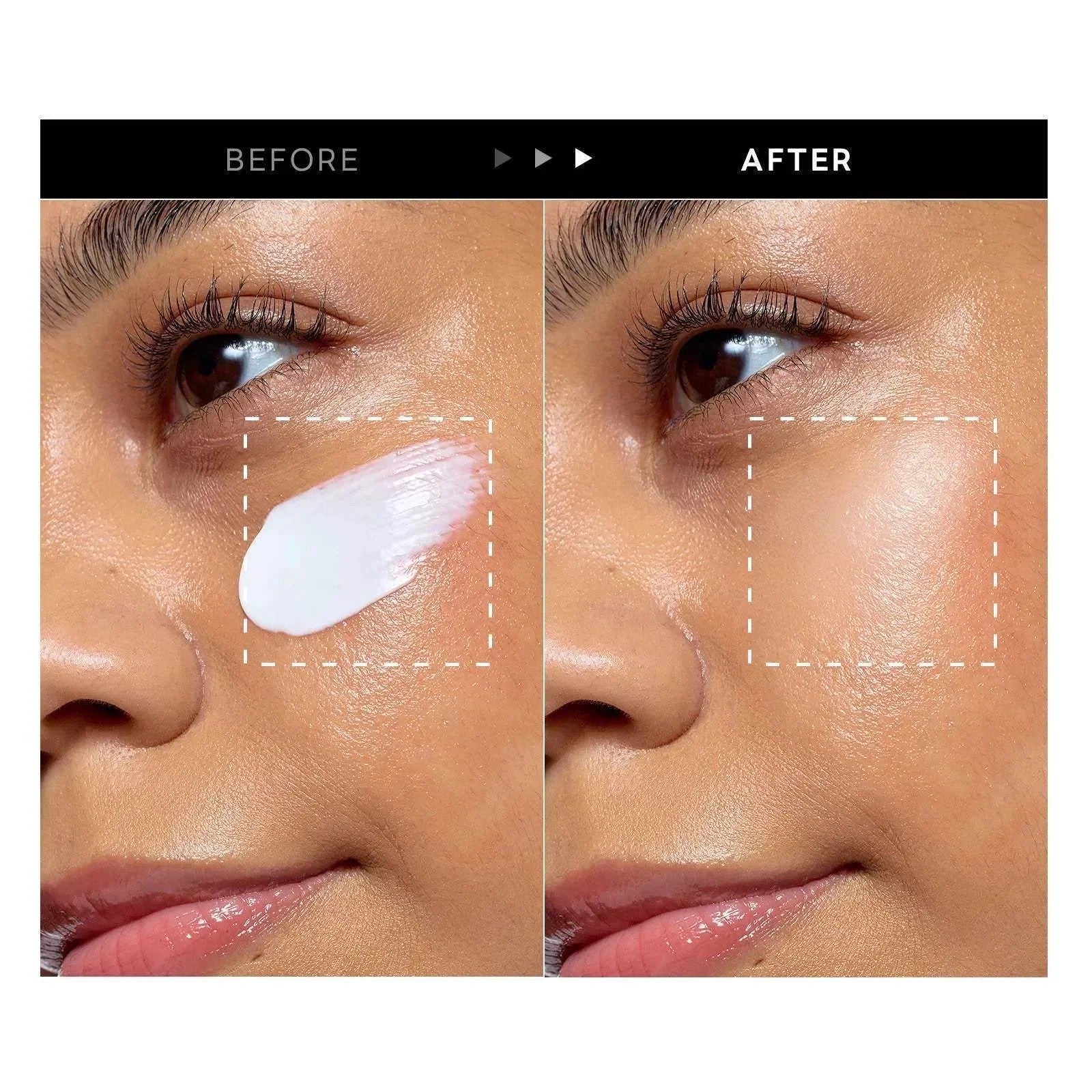 Before and after comparison of a cosmetic product application on a person's face.