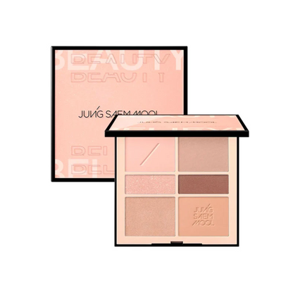 A Juuns Eash Mool makeup palette shown open with six face powders in peach, beige, and brown shades, alongside its matching peach-colored outer box on a plain white background.