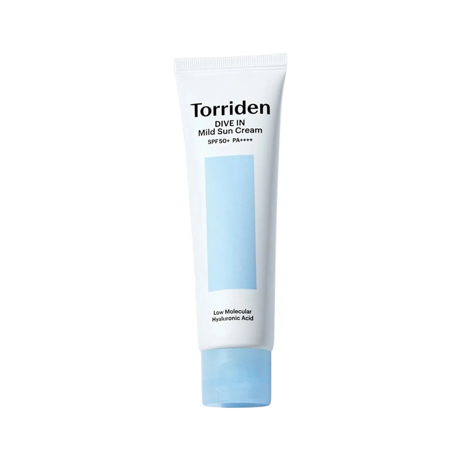 A white squeeze tube of Torriden Dive In Mild Sun Cream with a light blue cap and a light blue rectangular label, centered on a clean white background.