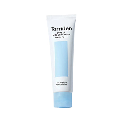 A white squeeze tube of Torriden Dive In Mild Sun Cream with a light blue cap and a light blue rectangular label, centered on a clean white background.