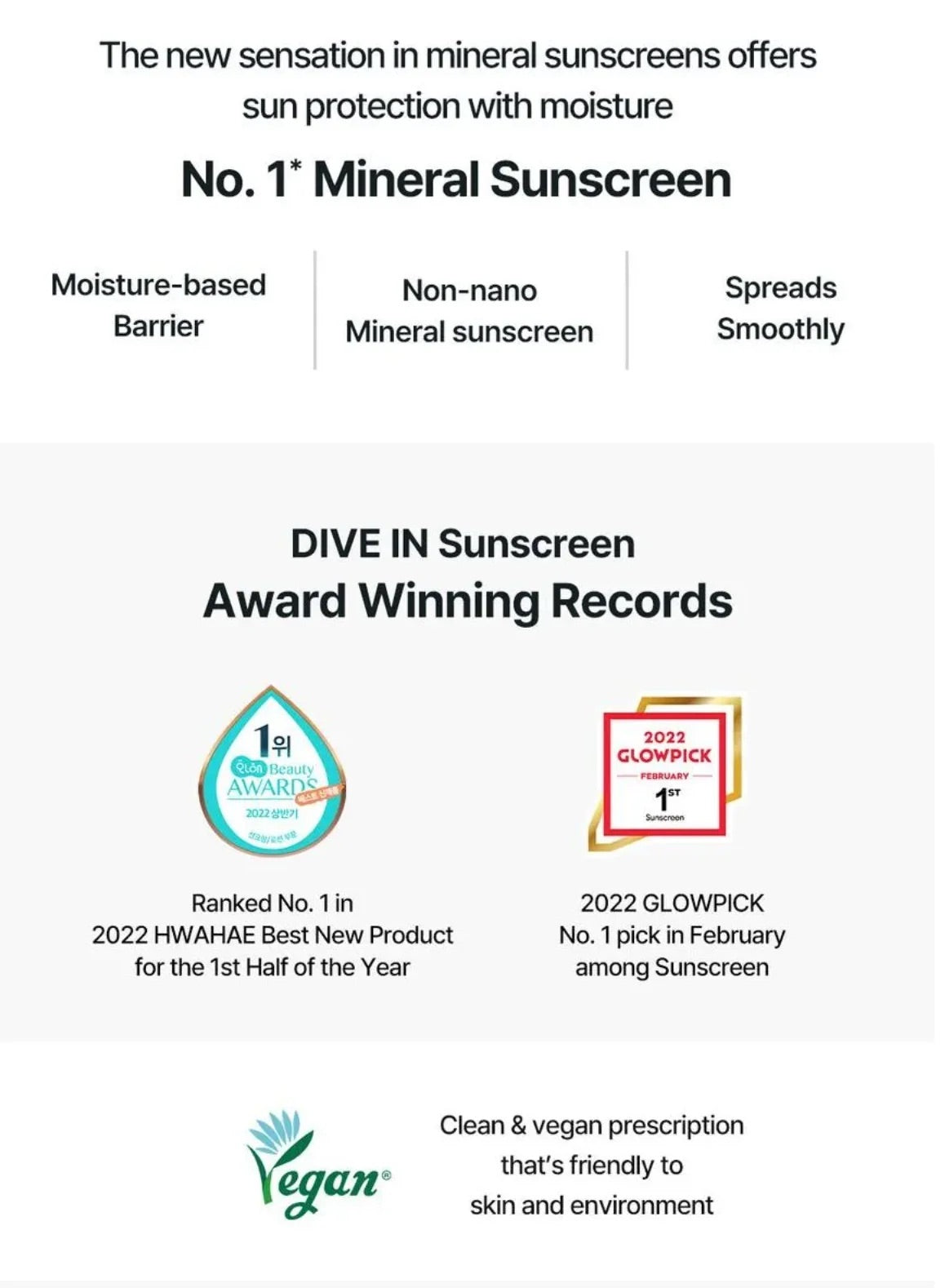 Advertisement for a mineral sunscreen with awards and product features on a white background